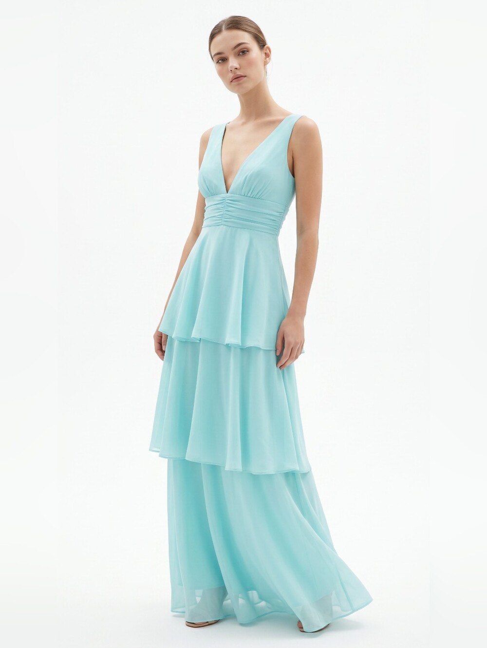 Lulu's Aqua Tiered V-Neck Maxi Dress - NWT - XXS